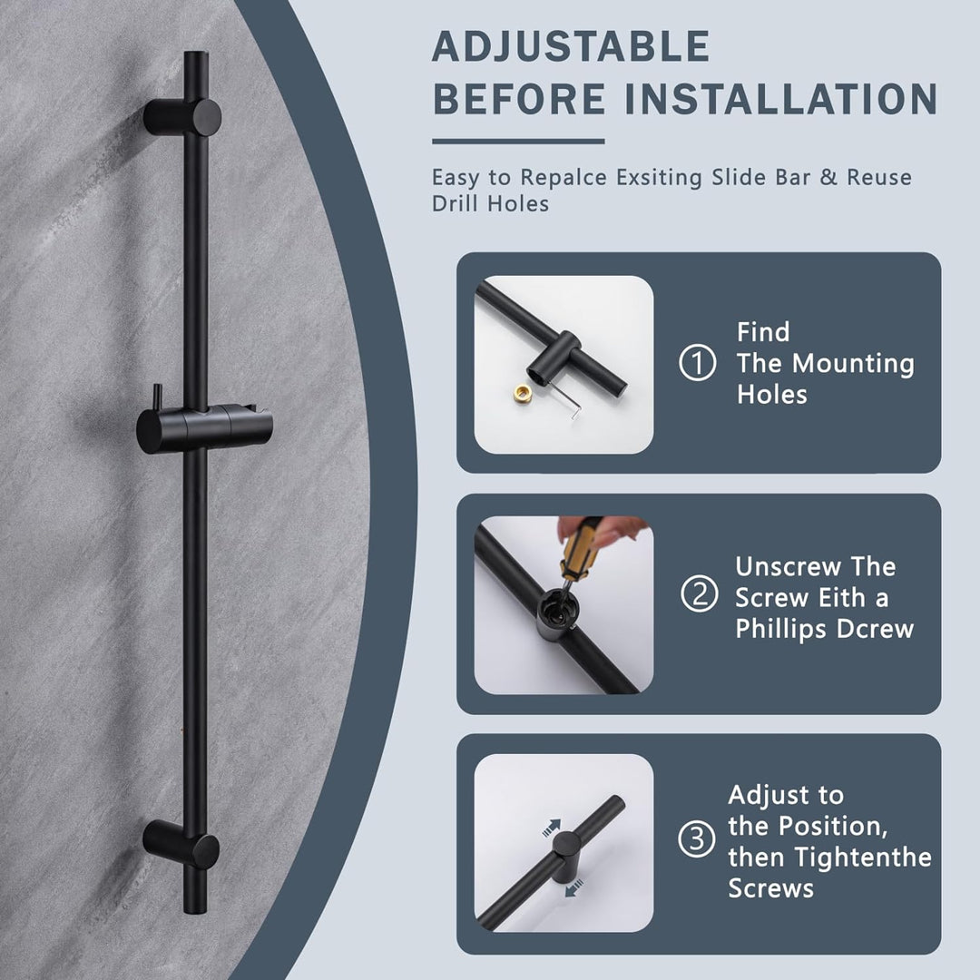 DETBOM Edelstahl Brausestange Schwarz 70cm, Duschstange mit Duschkopfhalterung 360°Drehbar,Duschstan