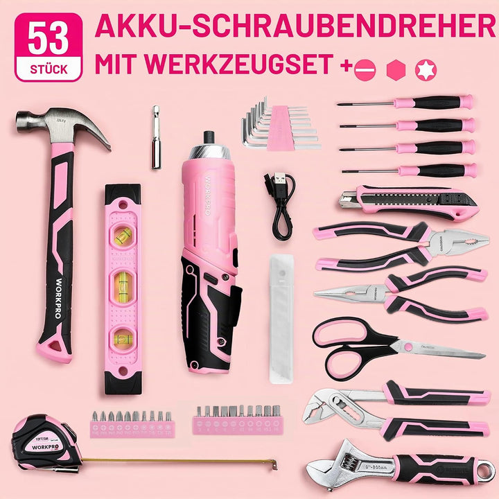WORKPRO 53-tlg. Werkzeug Set Rosa mit Akkuschrauber klein, pink Werkzeugtasche gefüllt für Haushalt