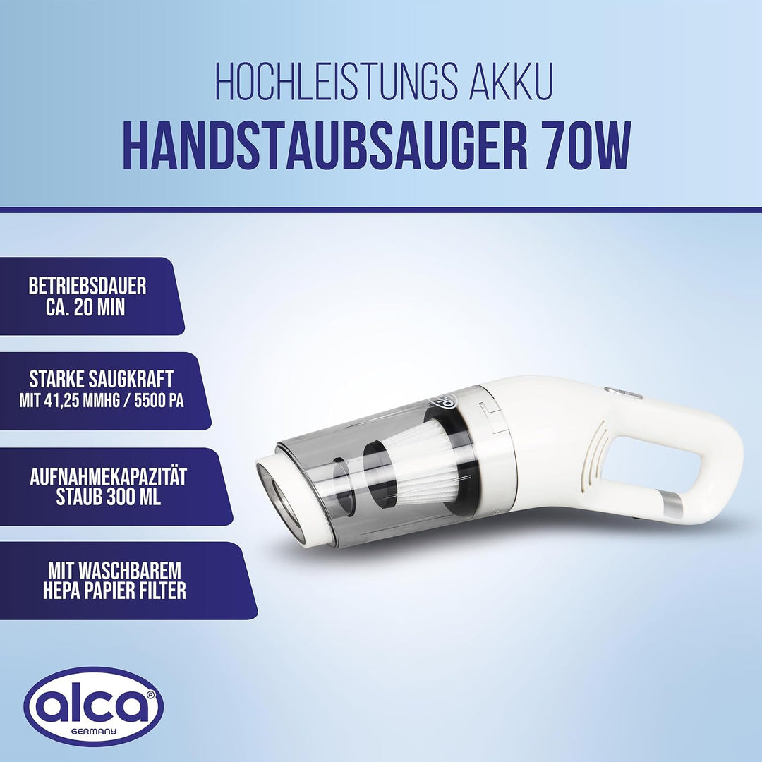 alca® Akku-Handstaubsauger 70W 7,4V 5500Pa Saugkraft, weiss | kabelloser Auto-Staubsauger mit USB-C,