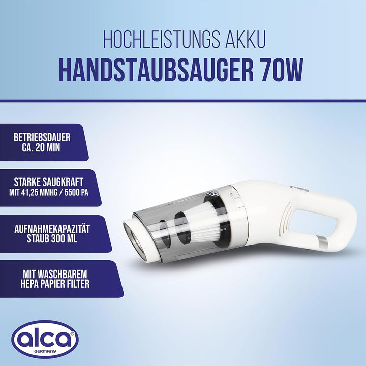 alca® Akku-Handstaubsauger 70W 7,4V 5500Pa Saugkraft, weiss | kabelloser Auto-Staubsauger mit USB-C,