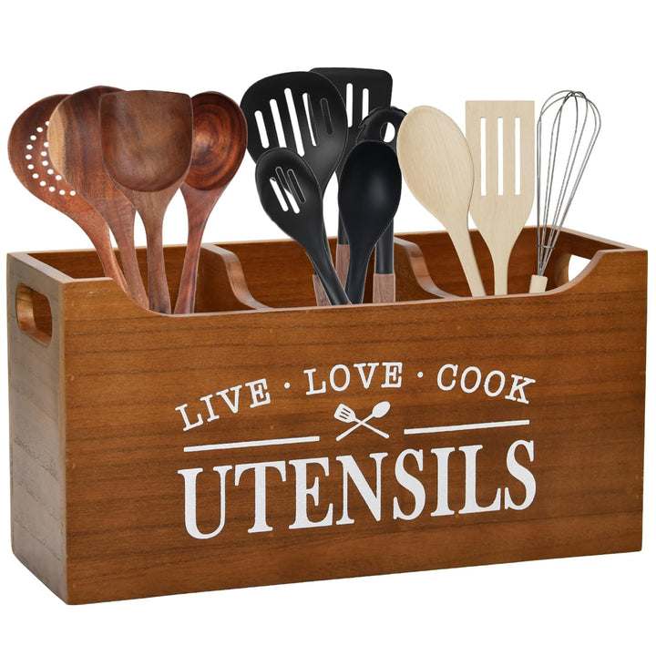 Karisky Kitchen Utensilhalter mit Drainageboden, grosse 3 Fächer fester echtes Holz Utensil Organize