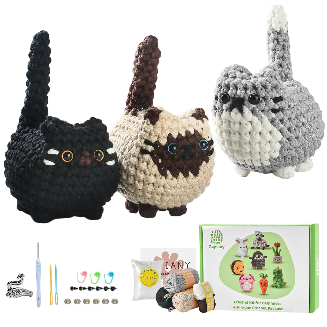 VZU Häkelset für Anfänger – 3 süsse Katzen, Komplettes Amigurumi Starter-Set mit Garn, Haken, Nadeln