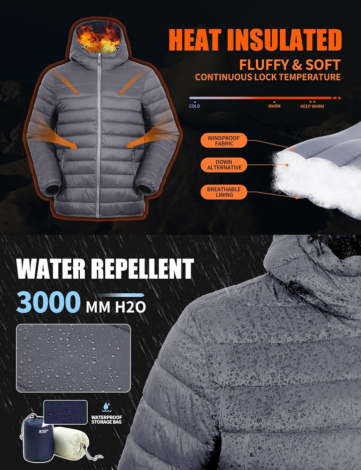 Herren Steppjacke Leichte Daunenjacken Winterjacke Übergangsjacke Outdoorjacke mit Kapuze und 6 Tasc