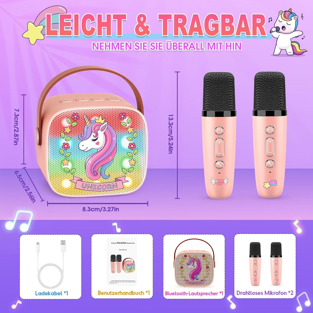 Dislocati Karaoke Maschine mit 2 Bluetooth Mikrofon Kinder, Einhorn Geschenk für Mädchen 3-12 Jahre