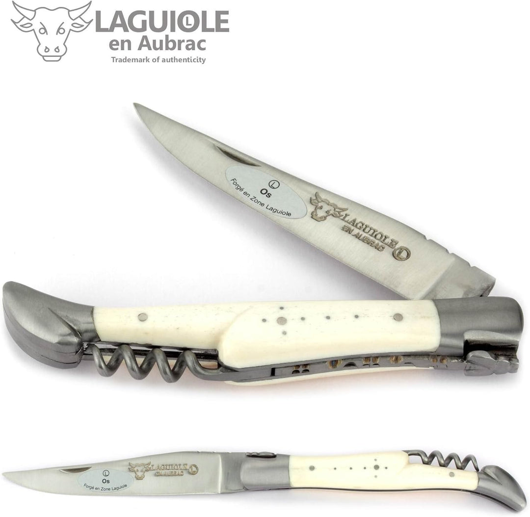 Laguiole en Aubrac Taschenmesser Korkenzieher 12 cm Griff Knochen L0312OSIF, Messer Klinge matt, Bac