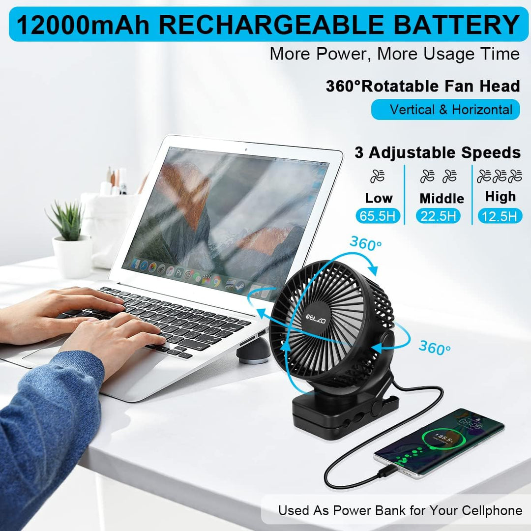 ELZO 12000mAh Camping Ventilator, Wiederaufladbarer Tischventilator USB Mini Ventilator mit LED Lich