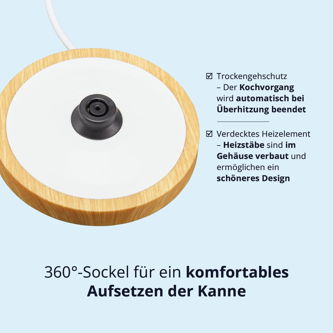 KHG Wasserkocher WK-1716 WWD weiss - holzfarbene Applikation Edelstahl 1,7 Liter, Kalkfilter, Wasser