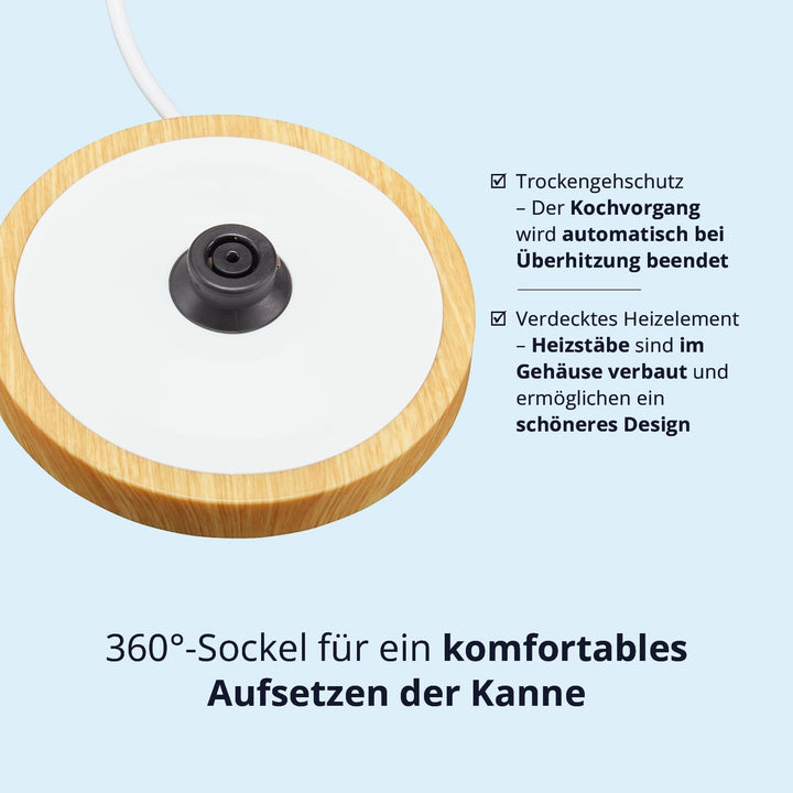 KHG Wasserkocher WK-1716 WWD weiss - holzfarbene Applikation Edelstahl 1,7 Liter, Kalkfilter, Wasser