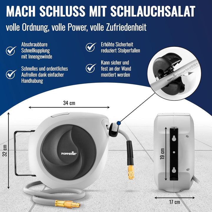Poppstar Druckluftschlauchtrommel (15m+1,1m, Durchmesser 3/8" (9,2x14mm)) Schnellkupplung 1/4" BSPT,