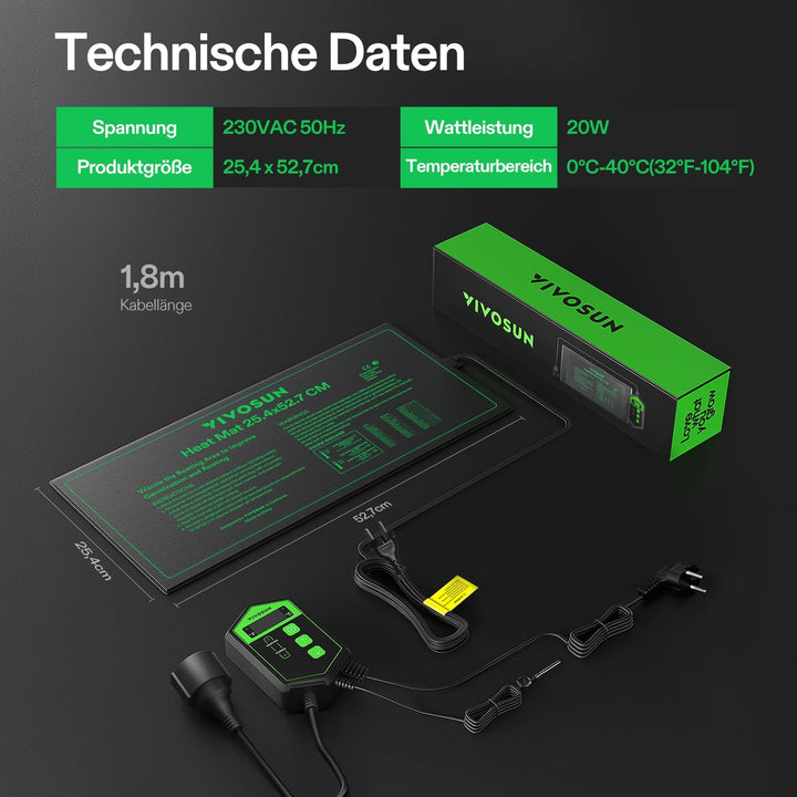 VIVOSUN 25,4x52,7cm Setzling-Heizmatte und digitales Thermostat-Kombi-Set, UL- und MET-zertifizierte