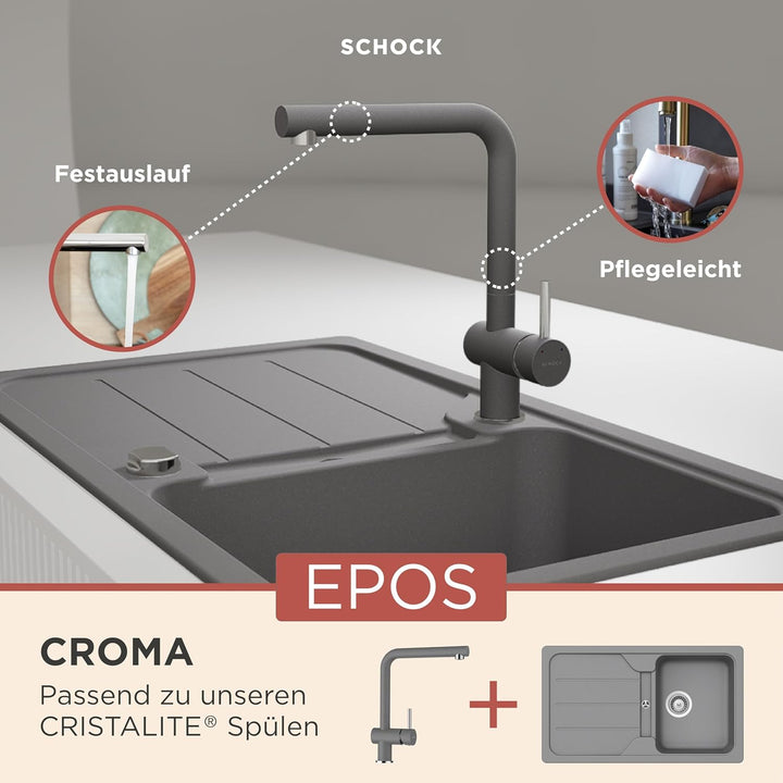 SCHOCK Küchenarmatur Epos Croma – Hochdruck Armatur mit Festauslauf und Standard Norm-Anschlüssen Fe