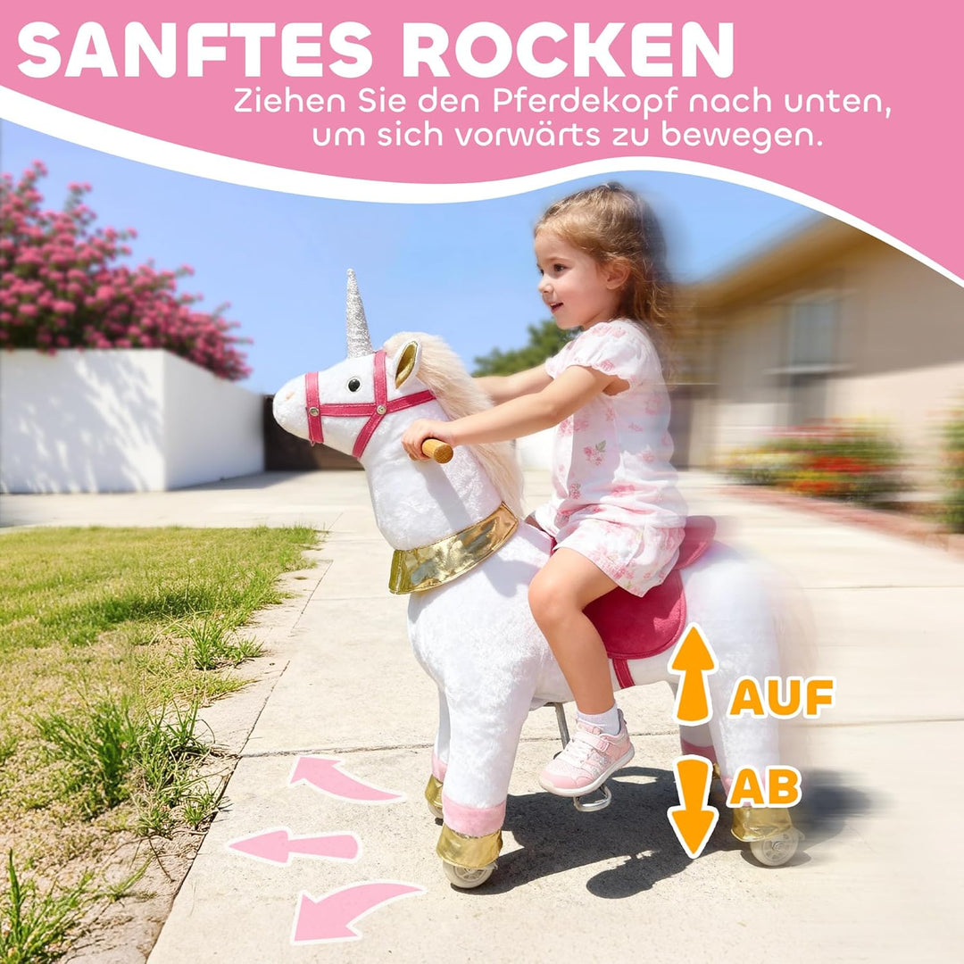 AIYAPLAY Reitpferd auf Rollen Spielpferd zum Reiten Stehpferd mit Einhorn-Design, Plüschpferd für 4-
