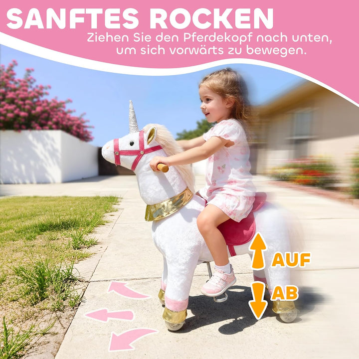 AIYAPLAY Reitpferd auf Rollen Spielpferd zum Reiten Stehpferd mit Einhorn-Design, Plüschpferd für 4-