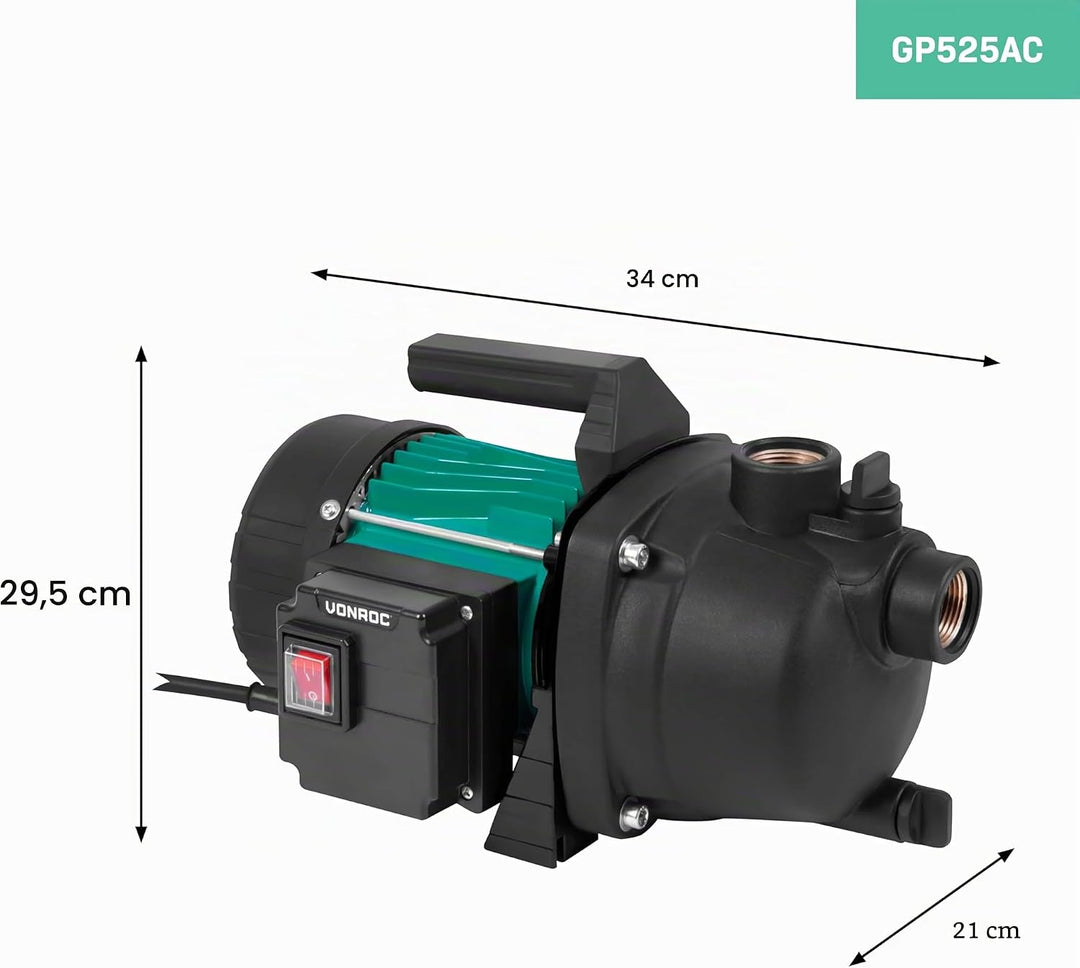 VONROC Gartenpumpe/Wasserpumpe - 800W - 3300l/h - Zur Bewässerung des Gartens/Rasens Exkl. Druckscha