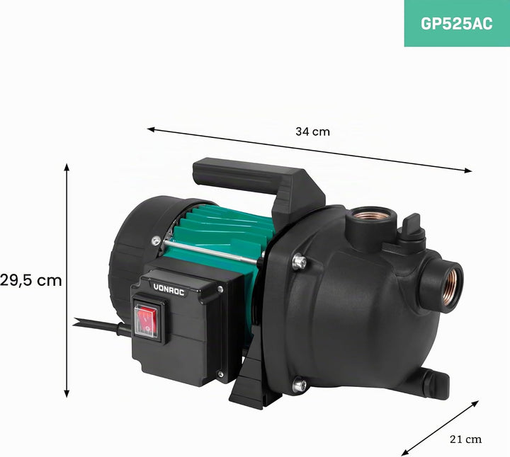 VONROC Gartenpumpe/Wasserpumpe - 800W - 3300l/h - Zur Bewässerung des Gartens/Rasens Exkl. Druckscha