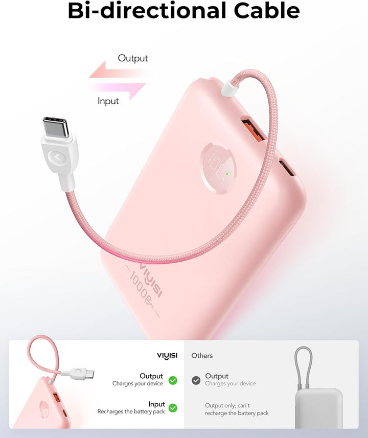 VIYISI Powerbank 10000mAh Ultradünn, 22.5W PD 20W Fast Charge mit Integriertem USB-C Kabel, LED-Anze