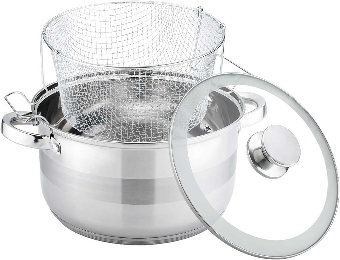 Frittiertopf 6,5 L aus Edelstahl mit Glasdeckel Induktion Korb Fritteuse Ø24 Friteuse Frites Frittie