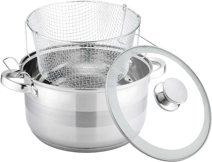 Frittiertopf 6,5 L aus Edelstahl mit Glasdeckel Induktion Korb Fritteuse Ø24 Friteuse Frites Frittie