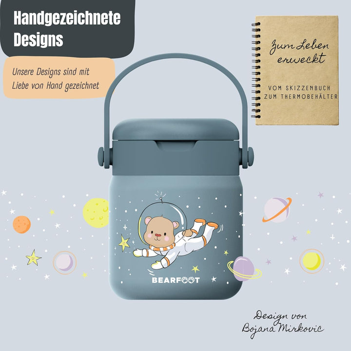 BEARFOOT Kinder Thermobehälter Edelstahl 500ml, BPA-frei (Astro Bär - Blau) | Auslaufsicher, mit fal