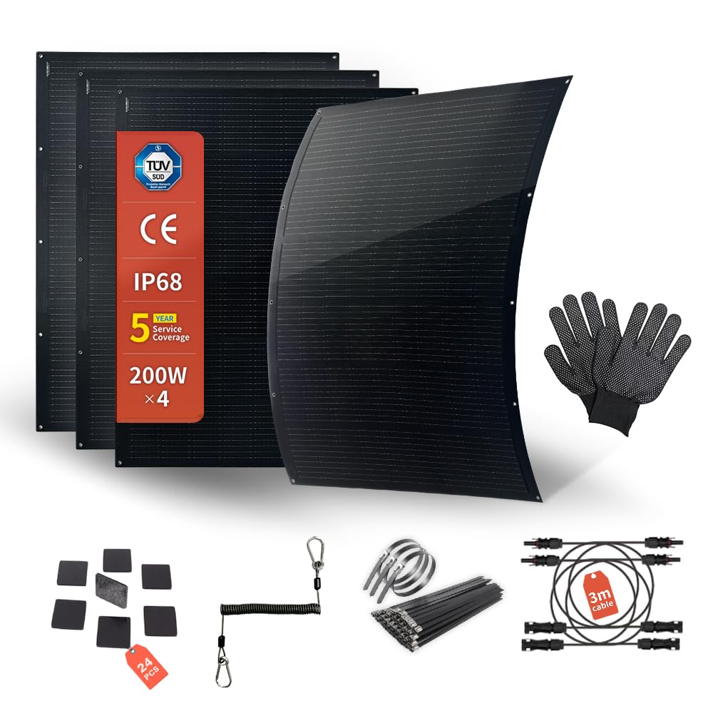 800W Dünnes Flexibles Solarpanel Set 4×200W Monokristalline Module 15,3V IP68 Wasserdicht Matte Schw