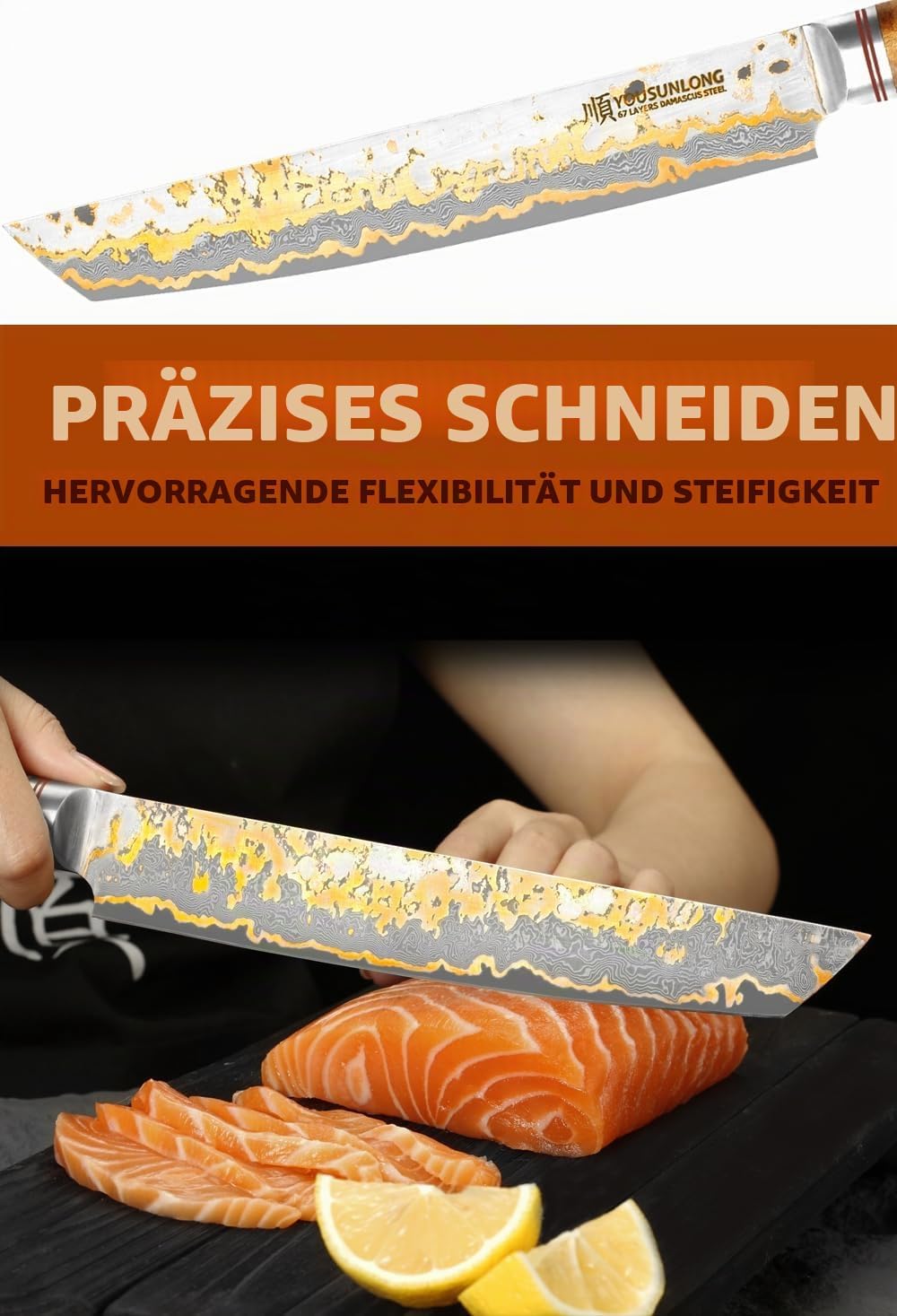 YOUSUNLONG Sashimi-Schneidemesser - 215mm Sujihiki Yanagiba Messer - Superscharfer Schnitt - Japanis