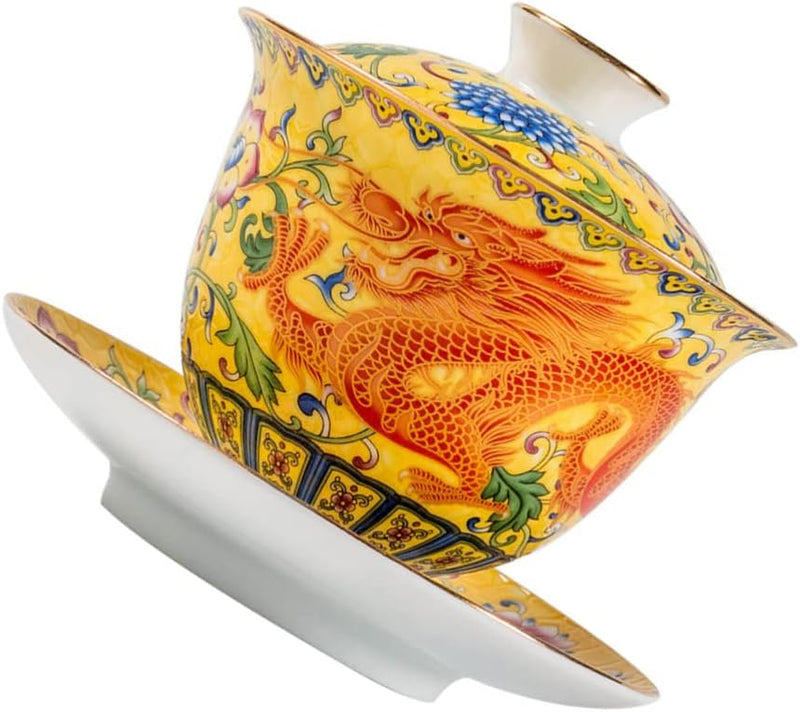 Emaille-Teetasse mit Deckel und Untertasse, Motiv: gelber Drache, traditionelles chinesisches Gaiwan