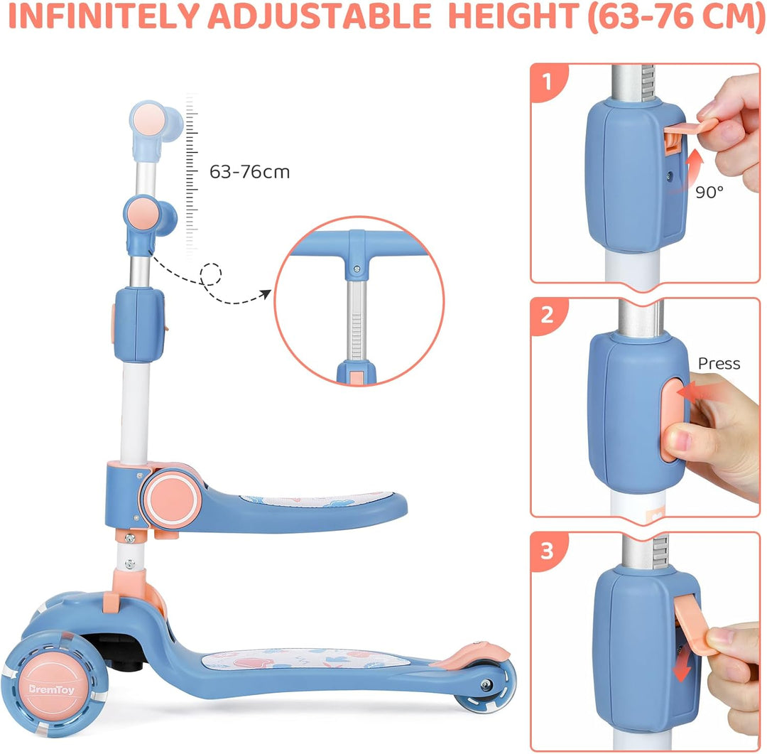 BremToy Kinderroller mit Sitz, Tretroller mit LED Rädern, Kinder Scooter mit Höhenverstellbarem Lenk
