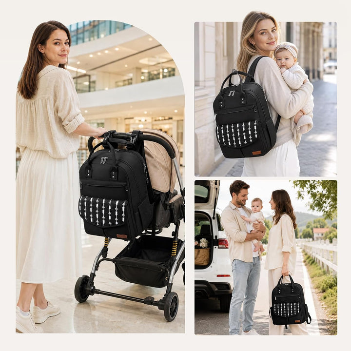 RAINSMORE Wickelrucksack Gross Baby Wickeltasche mit Wickelunterlage Schwarz | Wasserdichte Wickelta