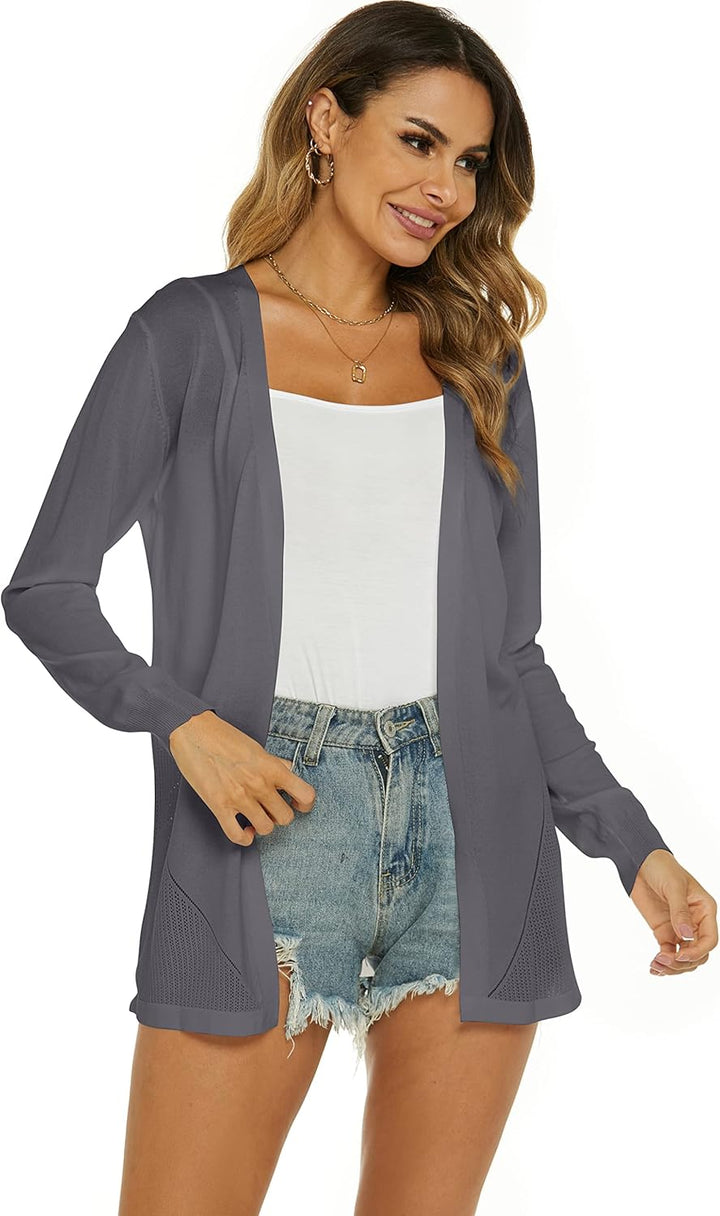 Damen Strickjacke Sommer Cardigan Elegant Lang Jacke Leichte Langarm Offene Strickjacke Sommerjacke,