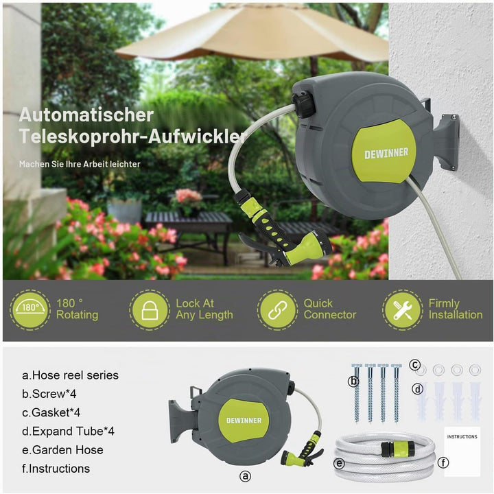 DEWINNER Gartenschlauchtrommel 20 + 2 m, Schlauchaufroller zur Wandmontage, Automatische Schlauchtro