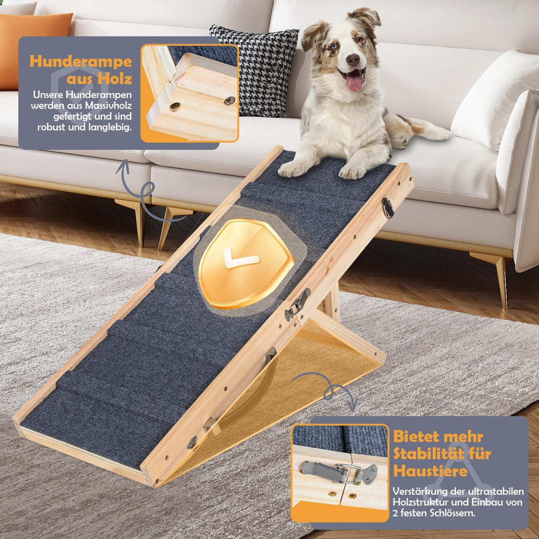 Hunderampe 83cm, Hundetreppe aus Holz, Einstellbar 19.5-41 cm, Klappbare Tragbare Katzen Rampe für B