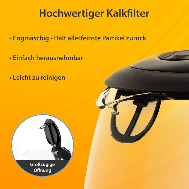 T24 Glas Wasserkocher 1,7L, 2200W, LED-Beleuchtung, 100% BPA-frei, Verdicktes Borosilikatglas, Trock