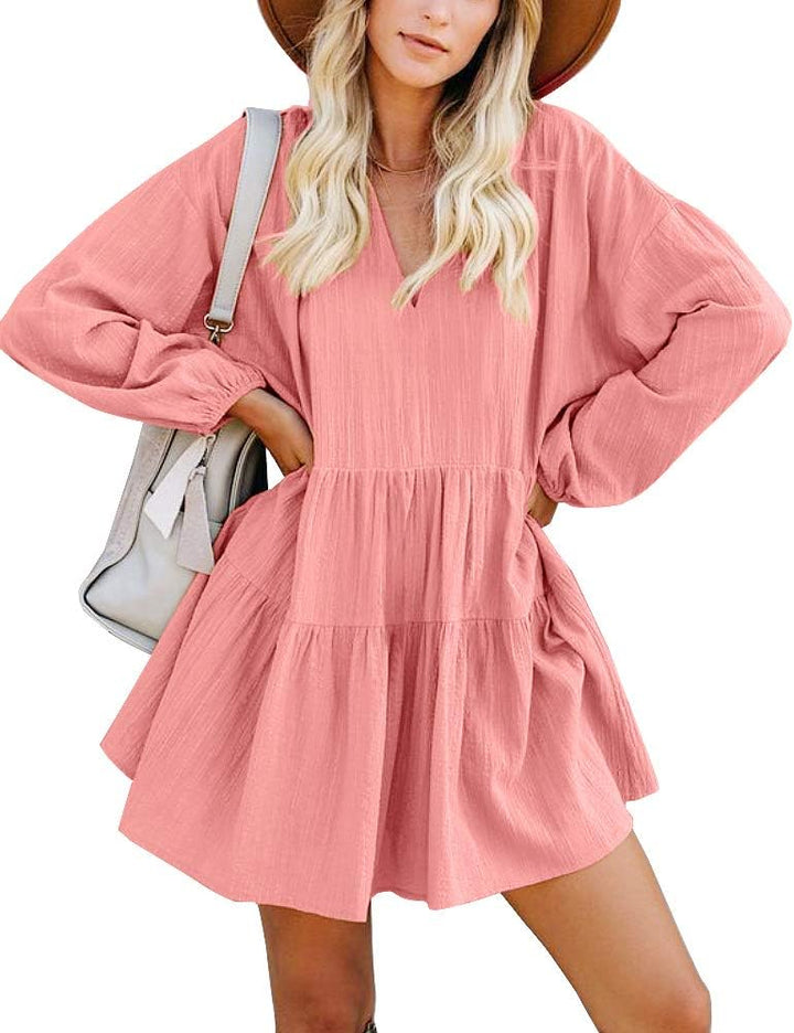 FANCYINN Damen Cute Shift Kleid mit Taschen Glockenärmel Rüschen Saum V Ausschnitt Lose Swing Tunika