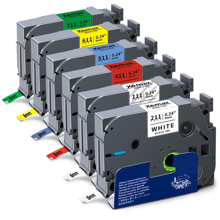 6x XemaX Kompatibel Schriftband Ersatz für Brother P-touch Bänder TZe-211 TZe-111 TZe-411 TZe-511 TZ