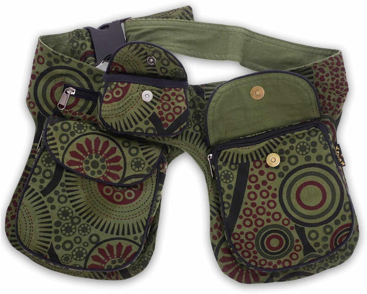 Kunst und Magie Doppel Bauchtasche Sidebag Gürteltasche Festivaltasche Hippie Goa, Farbe:Army Green,