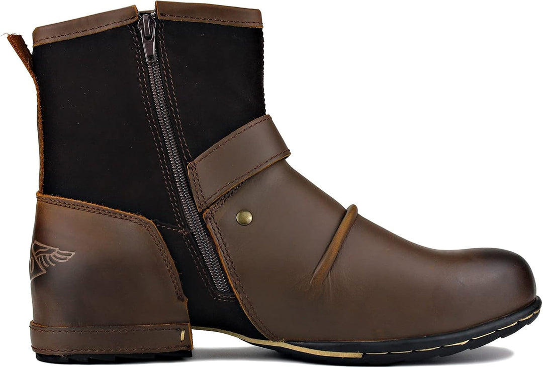 OSSTONE Herren Leder chukkastiefel Worker Biker Boots-Motorrad-Leder-Schuhe für reissverschluss Schn
