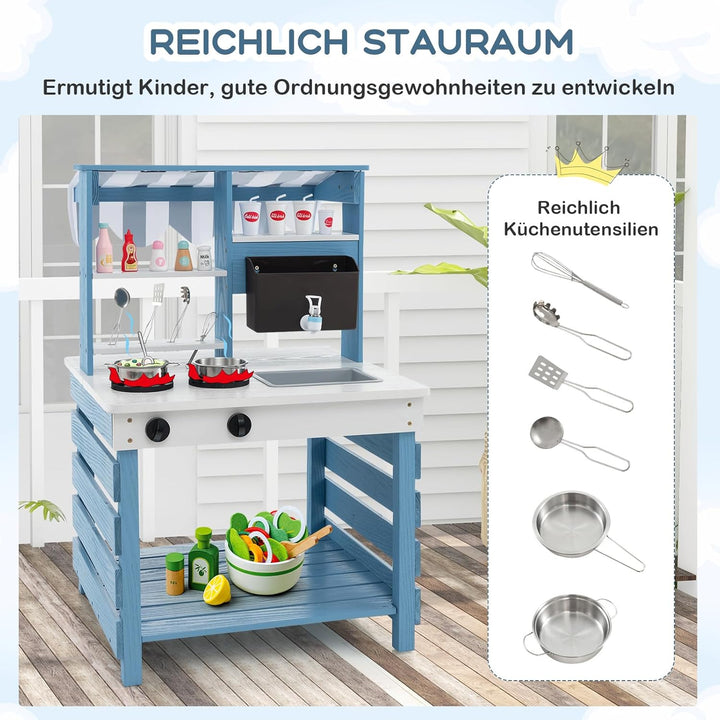 COSTWAY Matschküche Kinder Outdoor, Kinderküche Tannenholz mit Wasserfunktion, Doppelseitige Spielkü