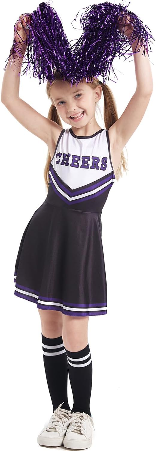 LOLANTA Cheerleader Kostüm Kinder, Cheerleadering Outfit Mädchen mit Pompons(11-12 Jahre,Schwarz,Tag