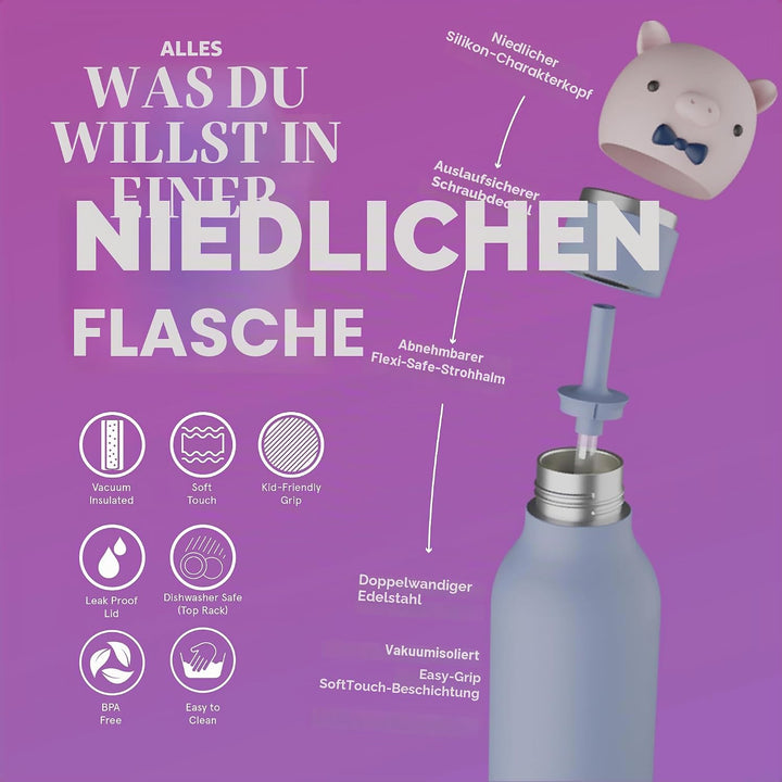 asobu Bestie Piggy Kids Bottle Stainless Steel Insulated Flip Straw BPA Free 500ml Sparschwein, Spar