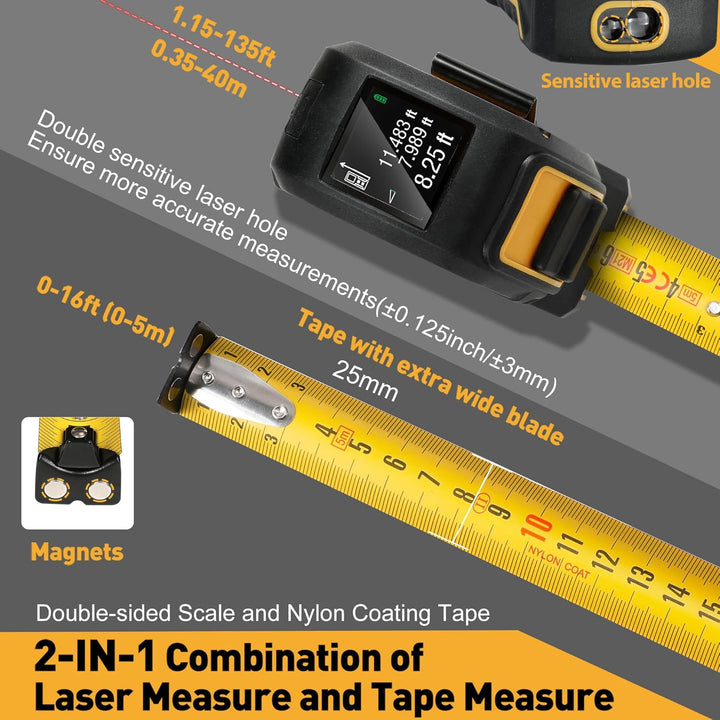 PREXISO Laser Entfernungsmesser 40m, Digitales, mit LCD Hintergrundbeleuchtung M/In/Ft, Wiederauflad