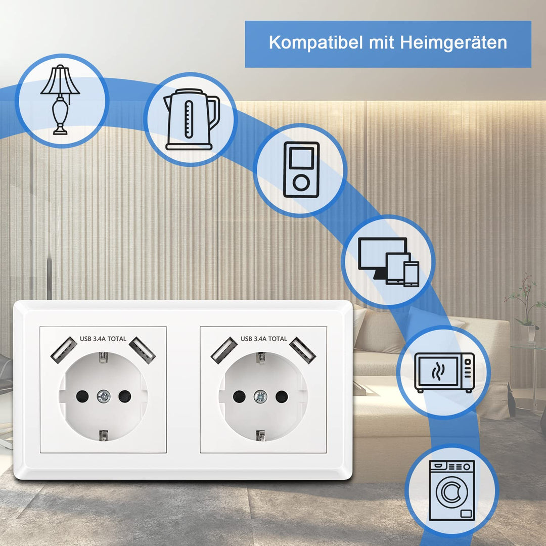Kaifire Doppelsteckdose mit USB Anschluss, Schuko USB Steckdose System 55 Reinweiss Komplett-Set ink
