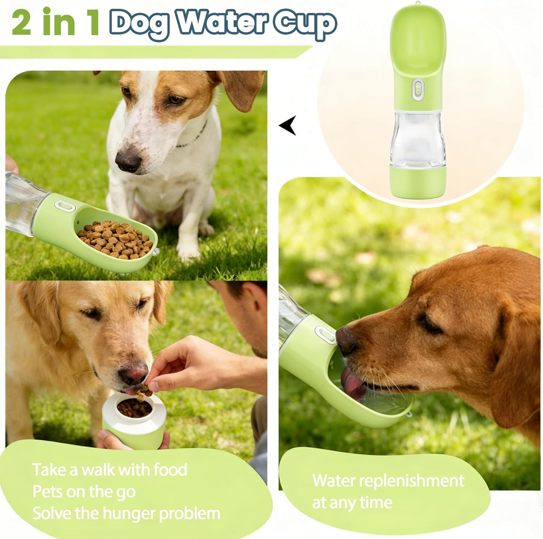 Trinkflasche Hunde für Unterwegs mit Futterbehälter 258 ml, Grün | BPA-Freiem, Tragbare Hundetrinkfl