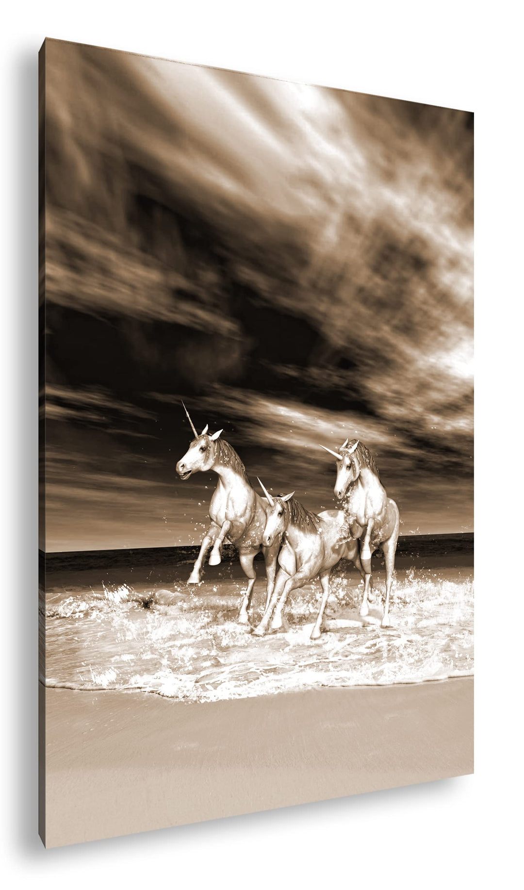 deyoli galoppierende Einhörner am Strand Format: 80x60 Effekt: Sepia als Leinwandbild, Motiv fertig