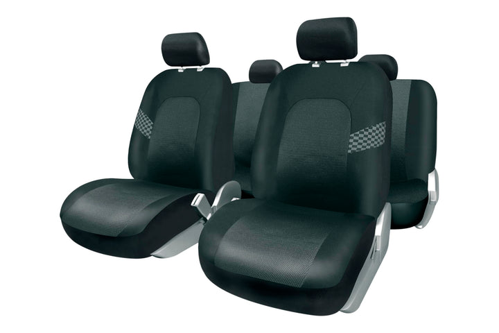 Kompletter Satz Universal-Sitzbezüge Milano Schwarz. Airbag-kompatibel. Rückseite mit Reissverschlus