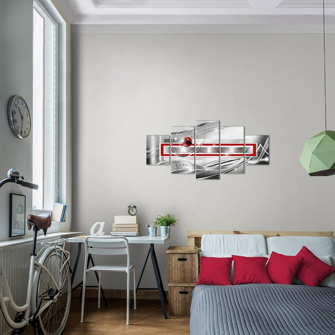 Runa Art Wandbilder Abstrakt 5 Teilig Bild auf Vlies Leinwand Deko Wohnzimmer Schlafzimmer Grau Rot