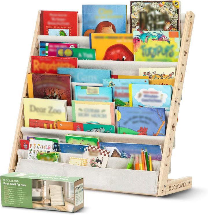 COSYLAND Bücherregal Kinder mit 6 Oxford-Stoff Fächern - Kinderbücherregal aus Naturholz - Bücherreg