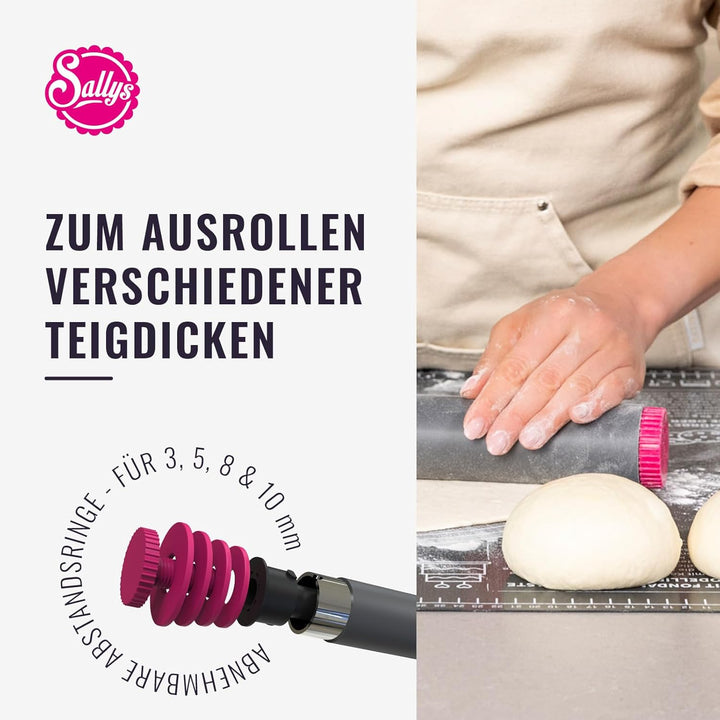 Sallys Profi Ausrollstab- 30 cm, Antihaftbeschichtetes Nudelholz aus Silikon, Teigroller mit abnehmb