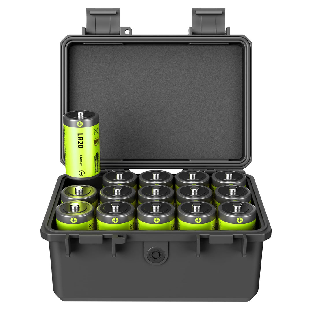 KIWIFOTOS Batterie-Organizer mit 15 Steckplätzen, Typ D, robust, IP67, wasserdicht, LR20/D/AM1 Zelle