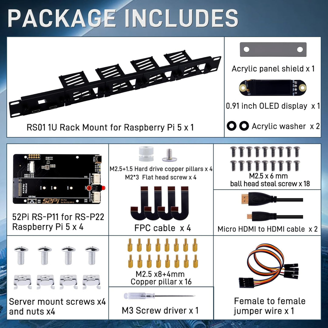 GeeekPi 19 Zoll 1U Rack-Halterung für Raspberry Pi 5, mit 4PCS PCIe auf M.2 NVMe SSD Adaptern, hält