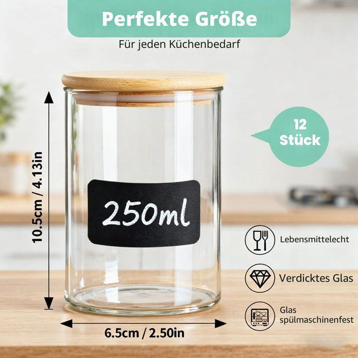 Gewürzgläser Gross, Gewürzgläser leer mit Etiketten 240 ml 12 Stück, Gewürzdosen rund mit Holzdeckel